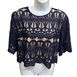 {tl} The Letter Top Women’s L Blue Crop Lace Mesh Abstract Romantic Short Sleeve